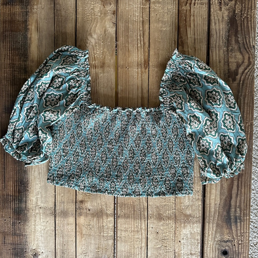 Zara Smocked Crop Top Teal Green Medallion Print Puff Sleeve Square Neck Large